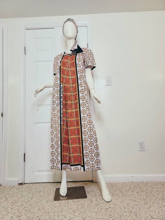 Leso Dress W/ Wrap Swahili African Print Pink, Orange and White, A-line Head Wrap Cotton Scarf (US 10)