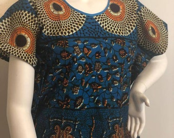 Ankara blouse tunic caftan African print kitenge kaftan Orange, blue and white with blue lined neck cotton (size One size fits most)