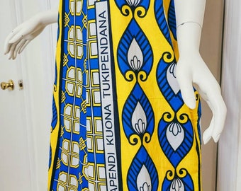 Leso Dress W/ Wrap Swahili African Print Blue and Yellow, A-line Head Wrap Cotton Scarf (size US 8)