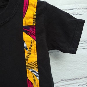 Kid's 3T ankara T-shirt unisex black with burnt yellow African print kitenge band image 2