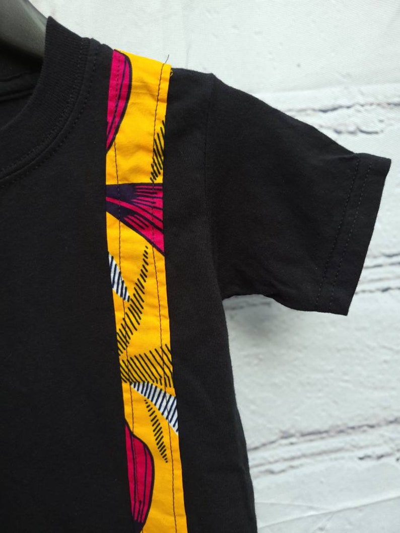 Kid's 3T ankara T-shirt unisex black with burnt yellow African print kitenge band image 2