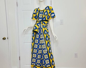 Leso dress w/ wrap swahili African print Blue and Yellow, A-Line head wrap  cotton scarf (size US 8)