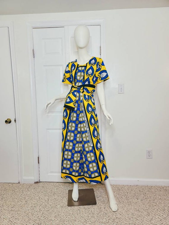 Buy Leso Dress W/ Wrap Swahili African Print Blue and Yellow, A-line Head Wrap Cotton Scarf (size US 8) Online in India