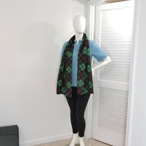 Green, black and red plaid fleece scarf