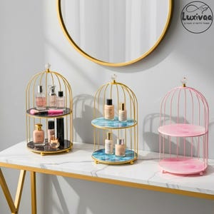 Metal Birdcage Makeup Organizer – Double-Layer Vanity Shelf