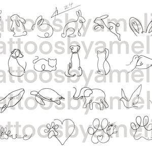 May include: A collection of minimalist line art animal designs, including dogs, cats, rabbits, and a whale. The black and white illustrations are in a continuous line style, with a paw print and heart design at the bottom. The text "Tattoosbyamelia" is present.