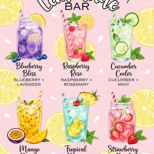 May include: A pink background with illustrations of lemons and six refreshing drinks. The drinks include Blueberry Bliss, Raspberry Rose, Cucumber Cooler, Mango Passion, Tropical Dream, and Strawberry Basil. Each drink is garnished with fresh fruit and herbs.