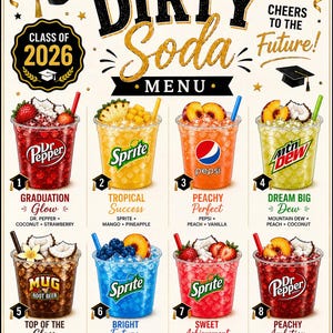 Peut inclure: Un menu de boissons "Dirty Soda", présentant huit concoctions de soda colorées dans des gobelets transparents. Chaque boisson est garnie de fruits et d'autres garnitures. Le menu comprend du texte tel que "Class of 2026" et "Cheers to the Future!"