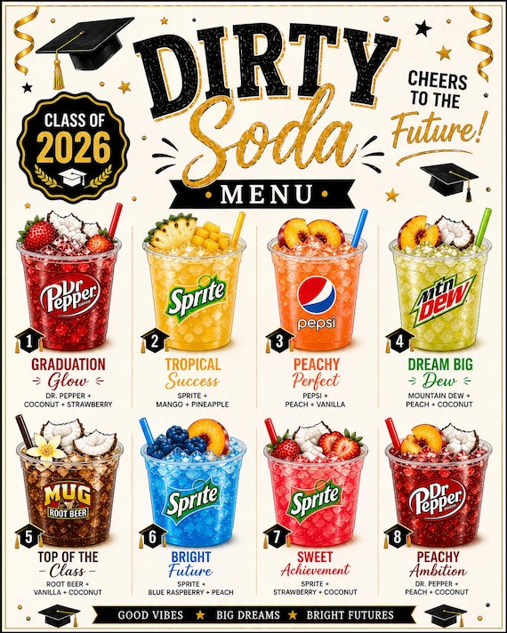 Dirty Soda Bar Menu Sign Graduation 2026, Printable Drink Menu, DIY Soda Bar Sign, Instant Download, Grad Party Decorations