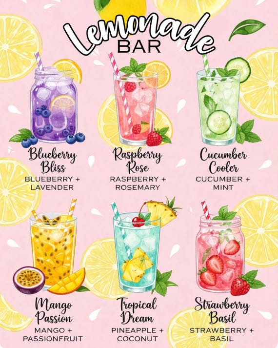 Lemonade Bar Sign, Summer Party Decor, Pink Lemonade Menu (16x20 Printable)