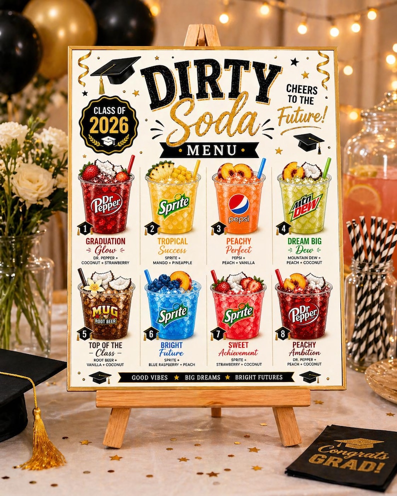 May include: A wooden easel displays a "Dirty Soda Menu" with eight colorful soda variations. The menu features text like "Class of 2026," "Cheers to the Future," and soda names with ingredients. The sign is decorated with graduation caps and stars.