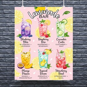 May include: A pink poster with the text "Lemonade Bar" and illustrations of six different lemonade drinks. The drinks include Blueberry Bliss, Raspberry Rose, Cucumber Cooler, Mango Passion, Tropical Dream, and Strawberry Basil.
