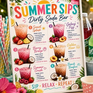 Summer Sips Dirty Soda Bar Menu, Tropical Drink Station Sign (Instant Download)