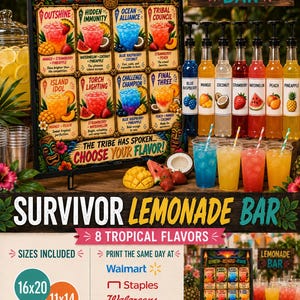 May include: A digital sign for a lemonade bar featuring eight tropical drink options with names like Outshine and Tribal Council. The sign displays colorful fruit-themed beverages, tiki-style graphics, and the text Choose Your Flavor.