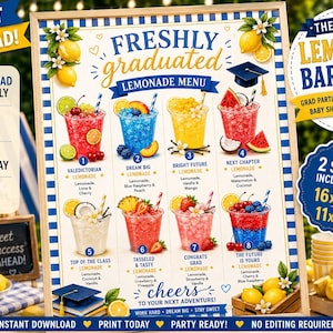 May include: A framed lemonade menu with eight colorful lemonade options, including Valedictorian, Dream Big, and Bright Future. The menu is decorated with lemons and flowers, and includes the text "The Perfect Lemonade Bar Menu!" for grad parties and summer events.