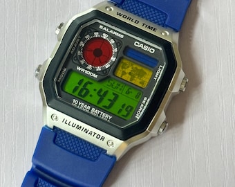 BSOT Custom Casio AE-1200 “Traffic Light Edition” 1/25 Mod Casio Royale Digital Watch with Red Yellow Green Dial – Retro Watch Gift for Him