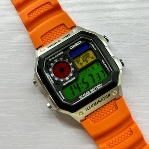 BSOT Custom Casio AE-1200 “Traffic Light Edition” 1/25 Mod Casio Royale Digital Watch with Red Yellow Green Dial – Retro Watch Gift for Him