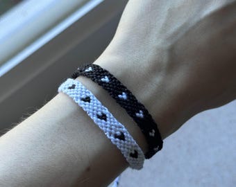 Matching Black and White Heart Duo Handmade Adjustable Friendship Bracelets