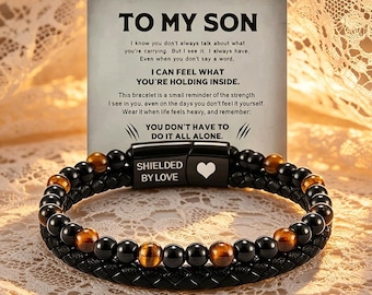 Tiger Eye Leather Bracelet for Men, Magnetic Clasp Natural Stone Braided Wristband Gift