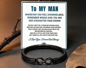 To My Man Custom Engraved Bracelet Black Leather Braided Magnetic Infinity Mens Gift
