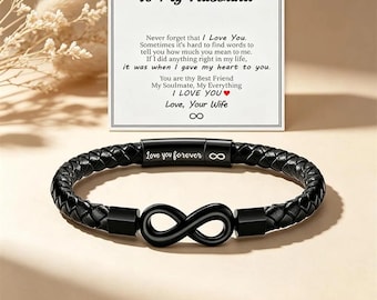 Personalized Infinity Leather Bracelet for Husband, Custom Engraved "Love You Forever" Braided Black Leather Cuff, Valentine’s Day Gift