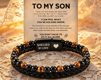 To My Son Tiger Eye Leather Bracelet, Custom Engraved Magnetic Clasp Men's Gift