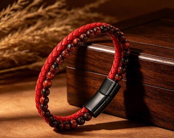 Custom Engraved Double Layer Braided Leather Tiger Eye Stone Bracelet, Magnetic Clasp Personalized Men Wristband Anniversary Birthday Gift