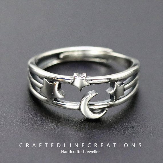 Celestial Star & Moon Ring - S925 Sterling Silver Vintage-Inspired Jewelry, Dainty Stackable Open Band, Perfect Gift for Her