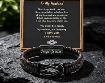 To My Husband Custom Engraved Bracelet Black Braided Leather Magnetic Knot Mens Gift