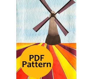 Landscape Quilt Pattern Dutch Tulip Field with Windmill. Digital Pattern.