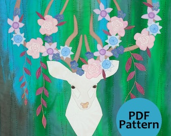 White Hart -Stag Art Quilt PDF Digital Pattern