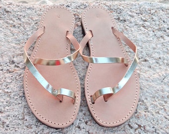 Handmade Gold Leather Greek Sandals: Women's Summer Slides