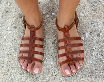 Handmade Brown Leather Gladiator Sandals, Greek Strappy Sandals