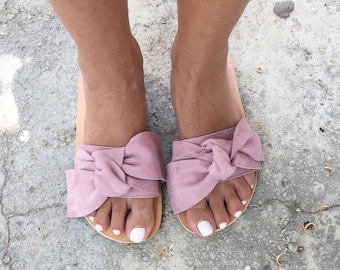 Bow leather Sandals, Slide women sandals, pink sandals, Suede Leather Sandals, woman leather sandals, Greek handmade sandals, Ladies Sandals