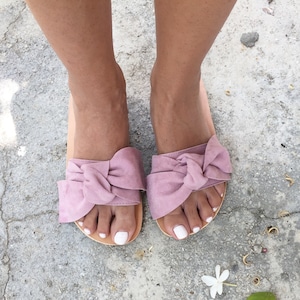 Bow leather Sandals, Slide women sandals, pink sandals, Suede Leather Sandals, woman leather sandals, Greek handmade sandals, Ladies Sandals
