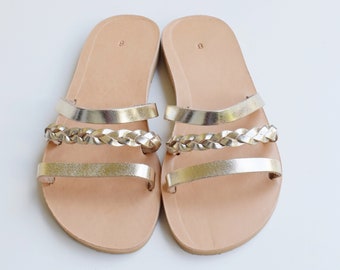 Greek Leather Gold Sandals: Braided Summer Wedding Shoes