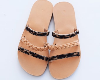 Leather sandals, Animal Print sandals, Greek Sandals, Summer sandals, strappy sandals, Leopard sandals, Greek sandals, Women Sandals