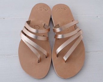 Genuine Leather Greek Sandals: Gold Women's Flat Sandals