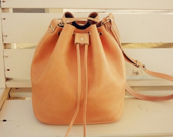 Greek Leather Bucket Bag – Handmade Shoulder Bag for Women • Minimalist Purse