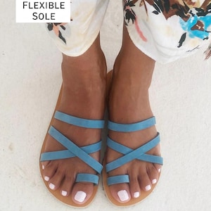 Sandalias descalzas para mujer / Sandalias griegas de cuero / Sandalias planas flexibles / Zapatos de verano minimalistas con puntera ancha / Calzado artesanal de caída cero imagen 1