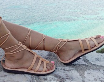 Sandalias de gladiador de cuero estilo bohemio • Zapatos planos con cordones griegos • Sandalias bohemias de verano