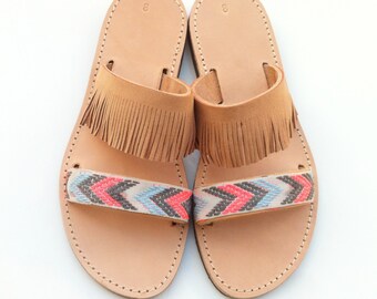 Boho Fringe Leather Sandals – Handmade Greek Summer Shoes • Flat Sandals Women