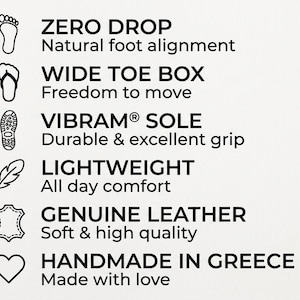 May include: A list of six product features with icons: ZERO DROP Natural foot alignment, WIDE TOE BOX Freedom to move, VIBRAM SOLE Durable & excellent grip, LIGHTWEIGHT All day comfort, GENUINE LEATHER Soft & high quality, and HANDMADE IN GREECE Made with love.