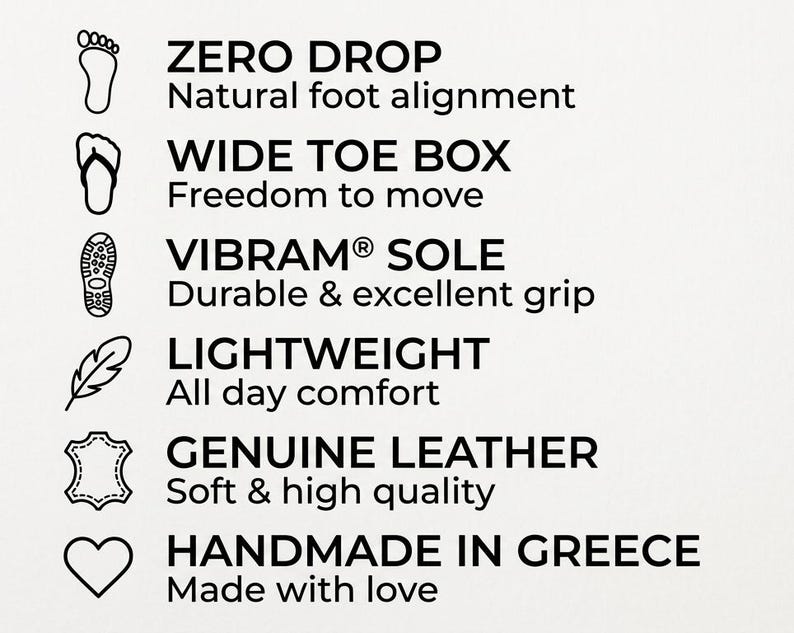 May include: A list of six product features with icons: ZERO DROP Natural foot alignment, WIDE TOE BOX Freedom to move, VIBRAM SOLE Durable & excellent grip, LIGHTWEIGHT All day comfort, GENUINE LEATHER Soft & high quality, and HANDMADE IN GREECE Made with love.