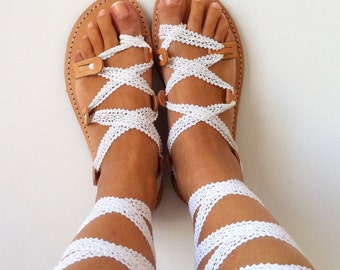 White Lace-Up Leather Gladiator Sandals • Handmade Summer Flats • Women’s Sandals