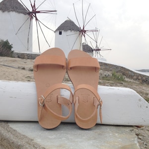 May include: A pair of tan leather sandals with a buckle closure. The sandals are sitting on a white wooden surface in front of a scenic background of windmills and a beach.