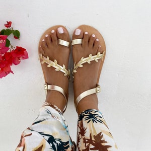 Greek leather Sandals with Vibram Sole, Womens Sandals, Barefoot Sandals, Gold Sandals with leaves, Wedding Sandals, Flat Sandals, sandals image 8