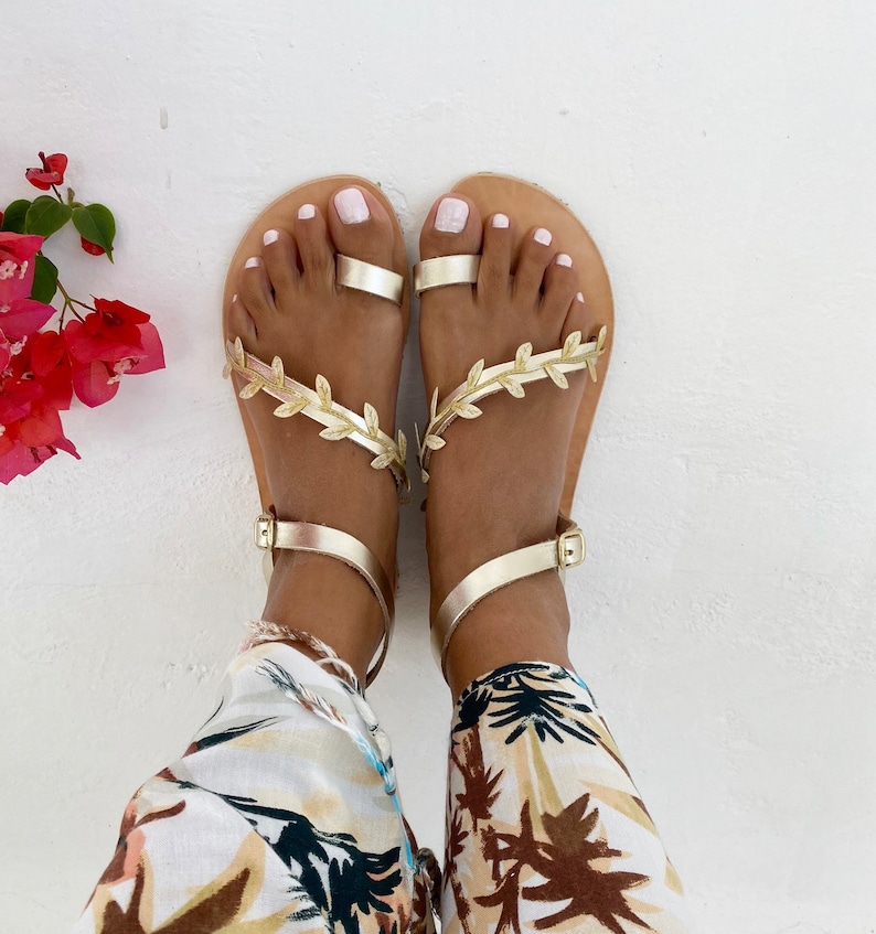 Greek leather Sandals with Vibram Sole, Womens Sandals, Barefoot Sandals, Gold Sandals with leaves, Wedding Sandals, Flat Sandals, sandals image 8