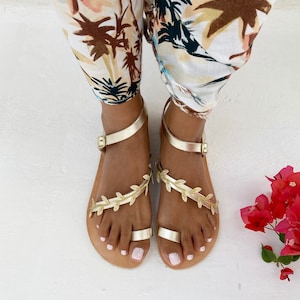 Greek leather Sandals with Vibram Sole, Womens Sandals, Barefoot Sandals, Gold Sandals with leaves, Wedding Sandals, Flat Sandals, sandals image 7