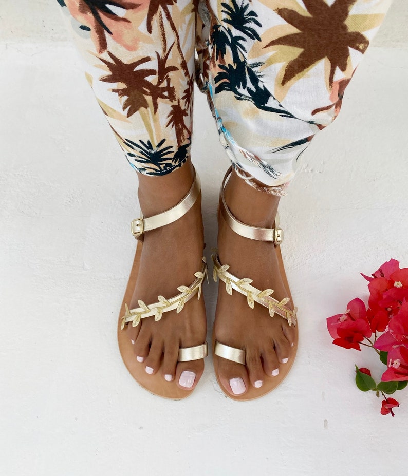 Greek leather Sandals with Vibram Sole, Womens Sandals, Barefoot Sandals, Gold Sandals with leaves, Wedding Sandals, Flat Sandals, sandals image 7